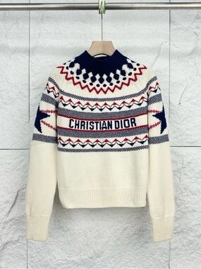 Authentic Dior Cream Fair Isle Turtleneck with Navy & Red Accents